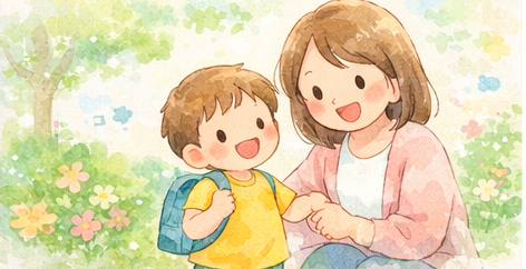 親子が木の下で過ごすイラスト